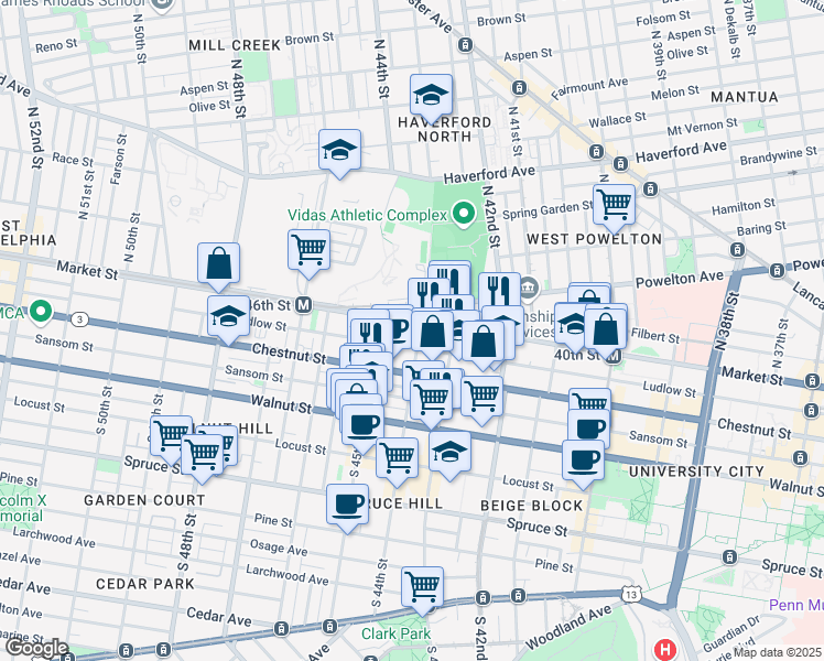 map of restaurants, bars, coffee shops, grocery stores, and more near 4401 Market Street in Philadelphia