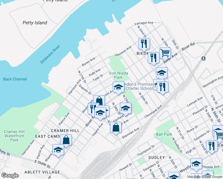map of restaurants, bars, coffee shops, grocery stores, and more near 2823 Wayne Avenue in Camden