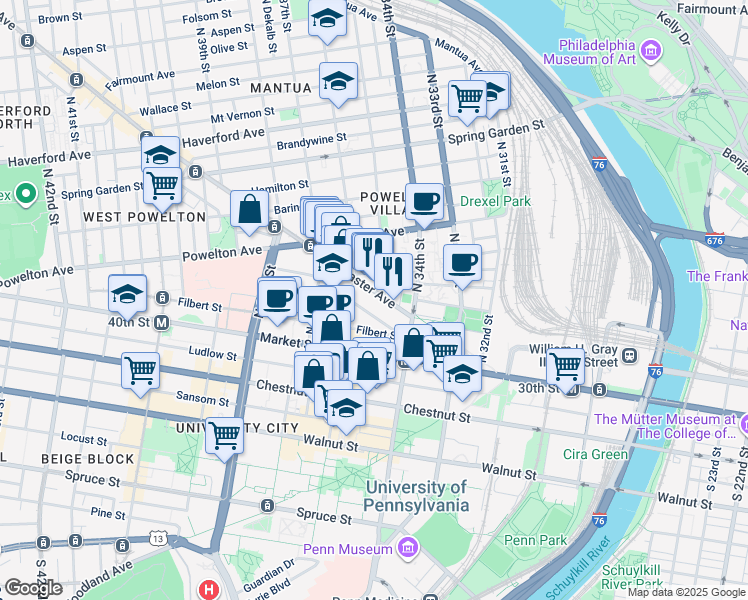 map of restaurants, bars, coffee shops, grocery stores, and more near 3537 Lancaster Avenue in Philadelphia