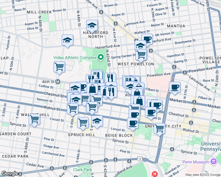 map of restaurants, bars, coffee shops, grocery stores, and more near 2 North 42nd Street in Philadelphia