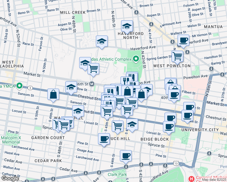 map of restaurants, bars, coffee shops, grocery stores, and more near 13 South 45th Street in Philadelphia