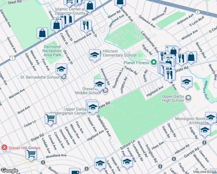 map of restaurants, bars, coffee shops, grocery stores, and more near 818 Kenwood Road in Drexel Hill