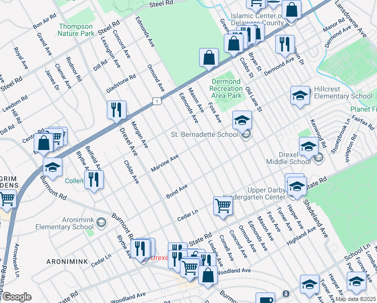 map of restaurants, bars, coffee shops, grocery stores, and more near 1018 Concord Avenue in Upper Darby