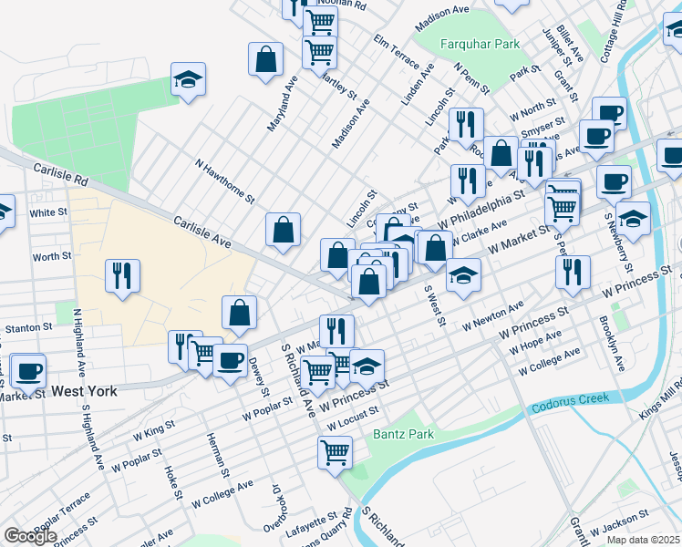 map of restaurants, bars, coffee shops, grocery stores, and more near 740 West Philadelphia Street in York