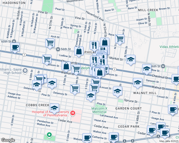 map of restaurants, bars, coffee shops, grocery stores, and more near 7 South 53rd Street in Philadelphia