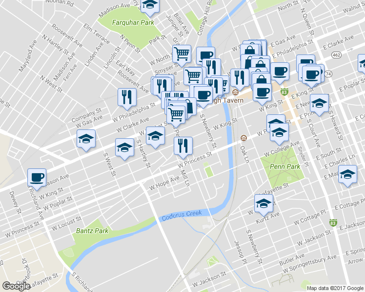 map of restaurants, bars, coffee shops, grocery stores, and more near 115 South Penn Street in York