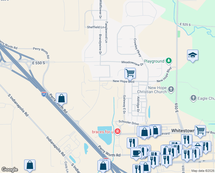 map of restaurants, bars, coffee shops, grocery stores, and more near 5829 New Hope Boulevard in Whitestown