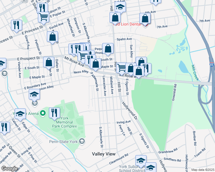 map of restaurants, bars, coffee shops, grocery stores, and more near 1212 East Jackson Street in York