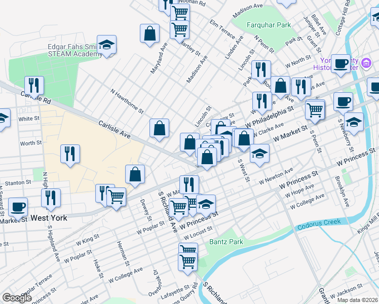 map of restaurants, bars, coffee shops, grocery stores, and more near 739 West Philadelphia Street in York