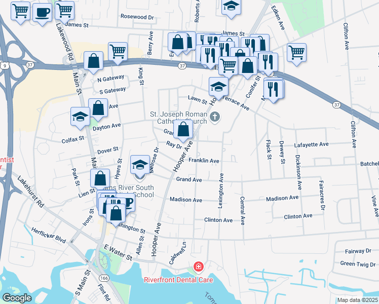 map of restaurants, bars, coffee shops, grocery stores, and more near 416 Hooper Avenue in Toms River