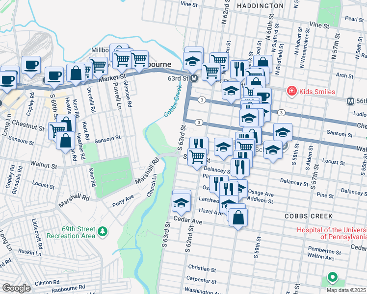 map of restaurants, bars, coffee shops, grocery stores, and more near 269 South 63rd Street in Philadelphia