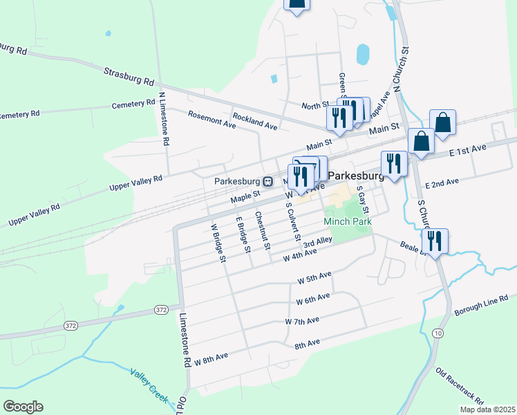 map of restaurants, bars, coffee shops, grocery stores, and more near 538 West 1st Avenue in Parkesburg