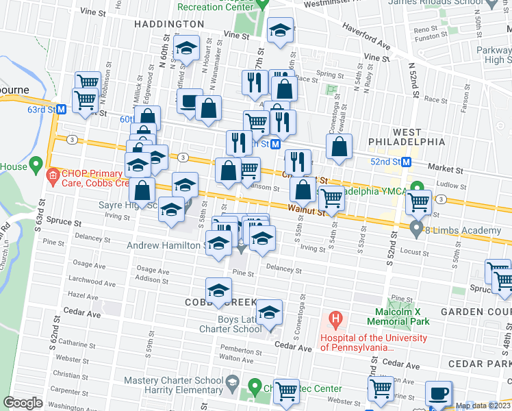 map of restaurants, bars, coffee shops, grocery stores, and more near 5616 Walnut Street in Philadelphia