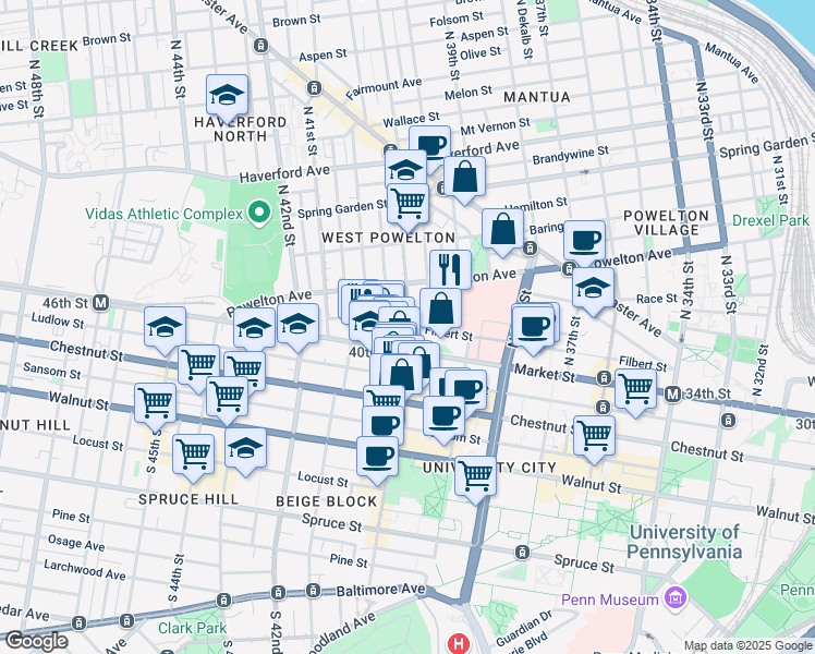 map of restaurants, bars, coffee shops, grocery stores, and more near 4000 Filbert Street in Philadelphia