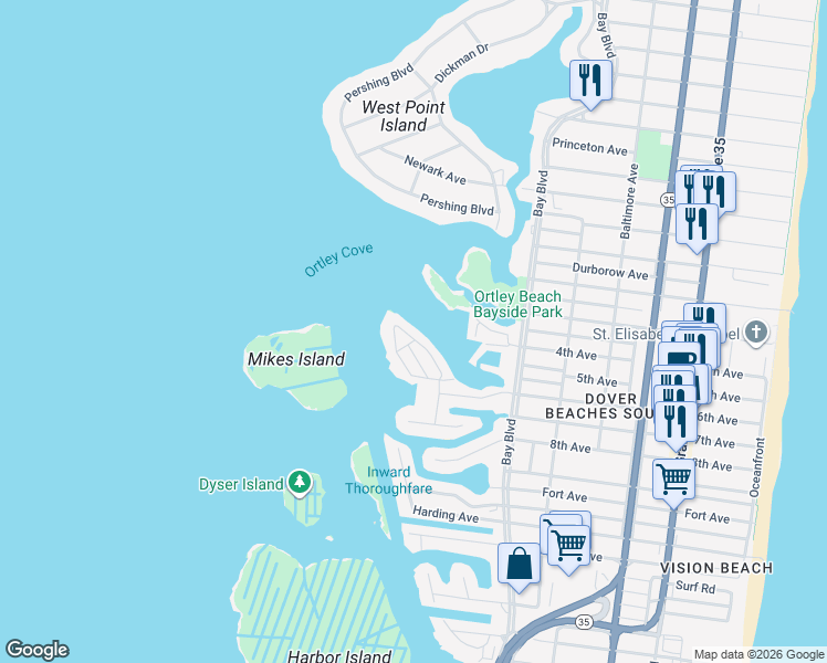 map of restaurants, bars, coffee shops, grocery stores, and more near 36 Harborside Drive East in Seaside Heights