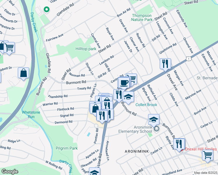 map of restaurants, bars, coffee shops, grocery stores, and more near 1355 Burmont Road in Delaware County