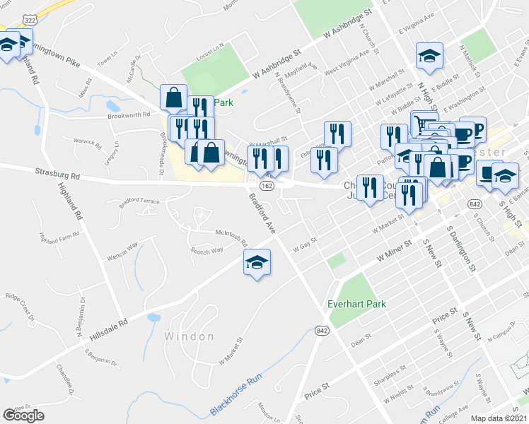 map of restaurants, bars, coffee shops, grocery stores, and more near 201 Debaptiste Lane in West Chester