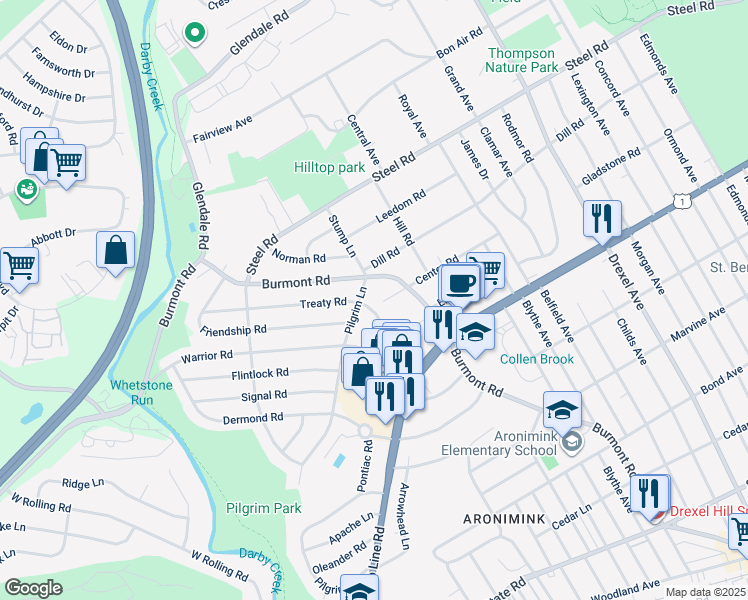map of restaurants, bars, coffee shops, grocery stores, and more near 69 Treaty Road in Drexel Hill