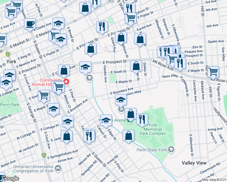 map of restaurants, bars, coffee shops, grocery stores, and more near 619 East Boundary Avenue in York