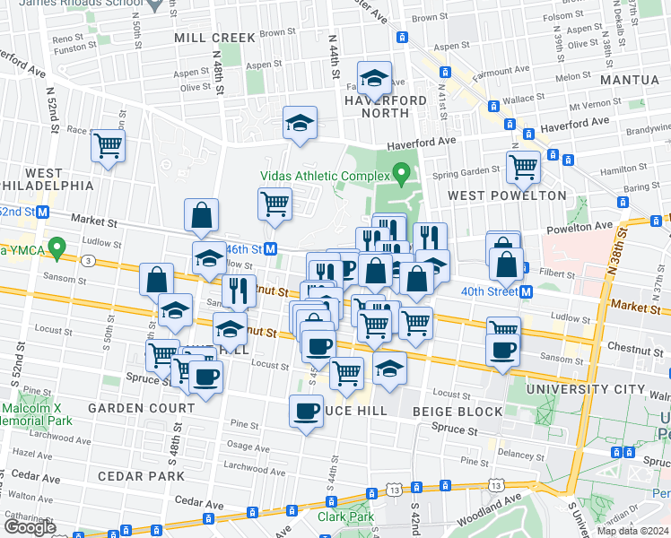 map of restaurants, bars, coffee shops, grocery stores, and more near 13 South 45th Street in Philadelphia