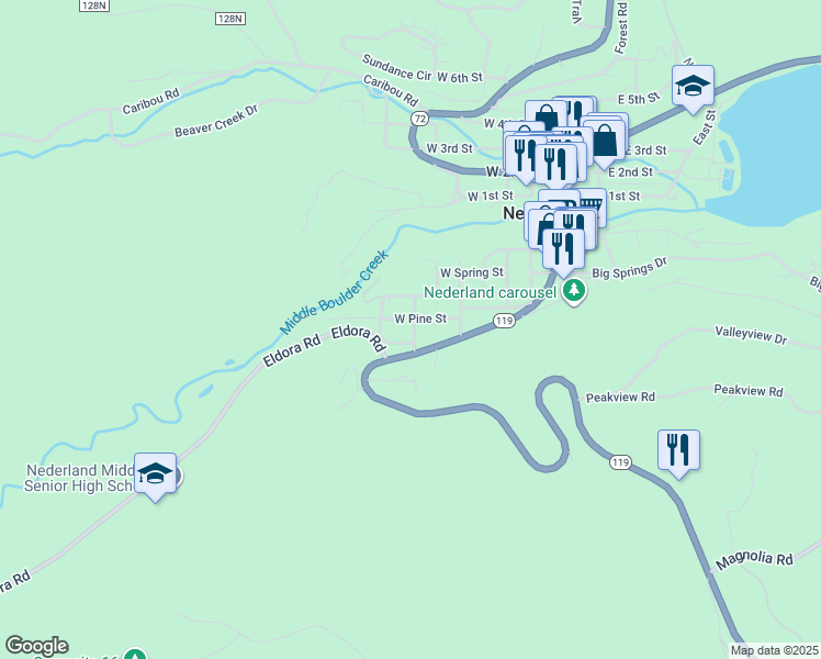map of restaurants, bars, coffee shops, grocery stores, and more near 350 South Hendricks Street in Nederland