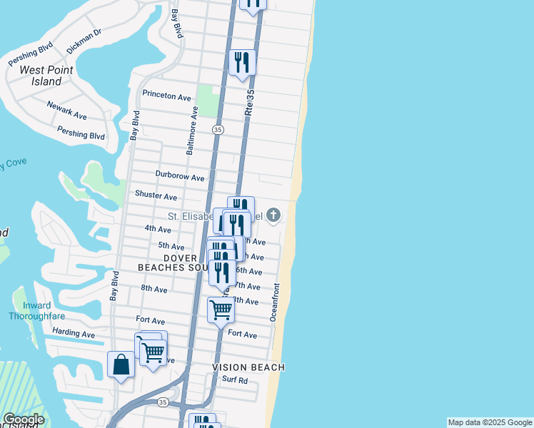 map of restaurants, bars, coffee shops, grocery stores, and more near 25A 2nd Avenue in Seaside Heights