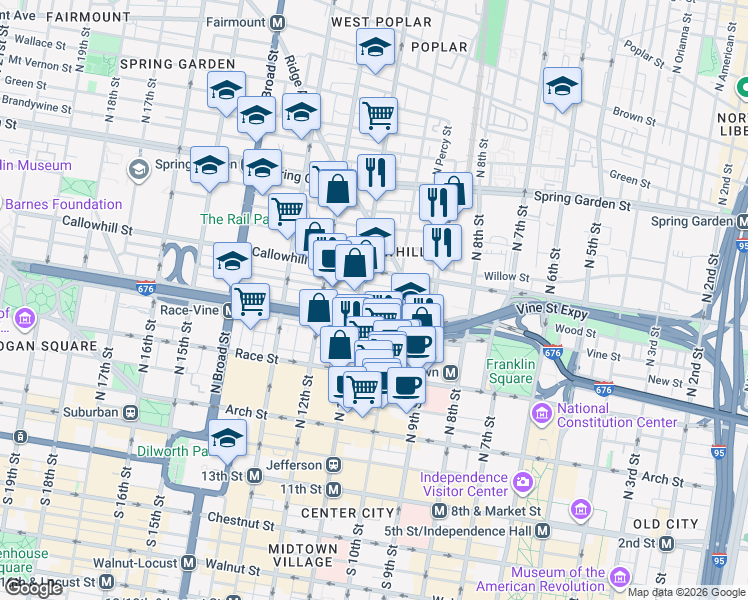 map of restaurants, bars, coffee shops, grocery stores, and more near in Philadelphia