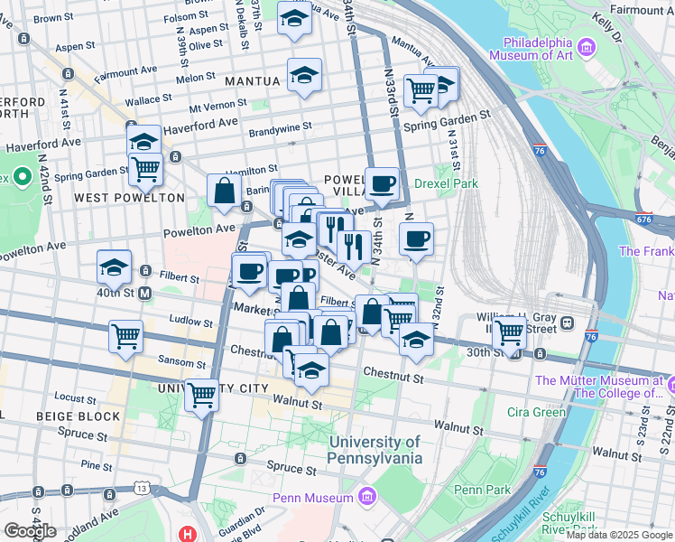 map of restaurants, bars, coffee shops, grocery stores, and more near in Philadelphia