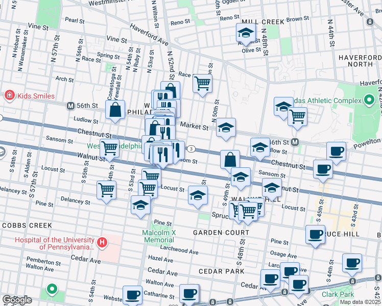 map of restaurants, bars, coffee shops, grocery stores, and more near 5038 Chestnut Street in Philadelphia