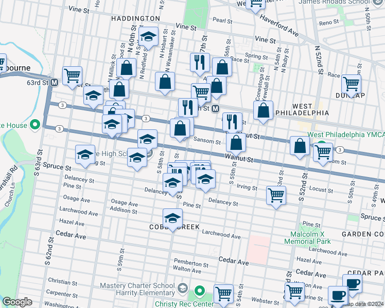 map of restaurants, bars, coffee shops, grocery stores, and more near 144-50 North 57th Street in Philadelphia