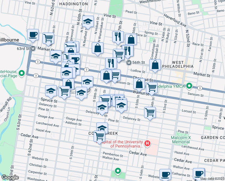 map of restaurants, bars, coffee shops, grocery stores, and more near 144-50 North 57th Street in Philadelphia