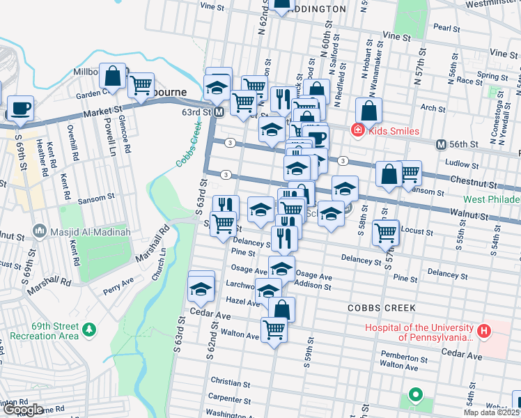 map of restaurants, bars, coffee shops, grocery stores, and more near 6132 Chancellor Street in Philadelphia