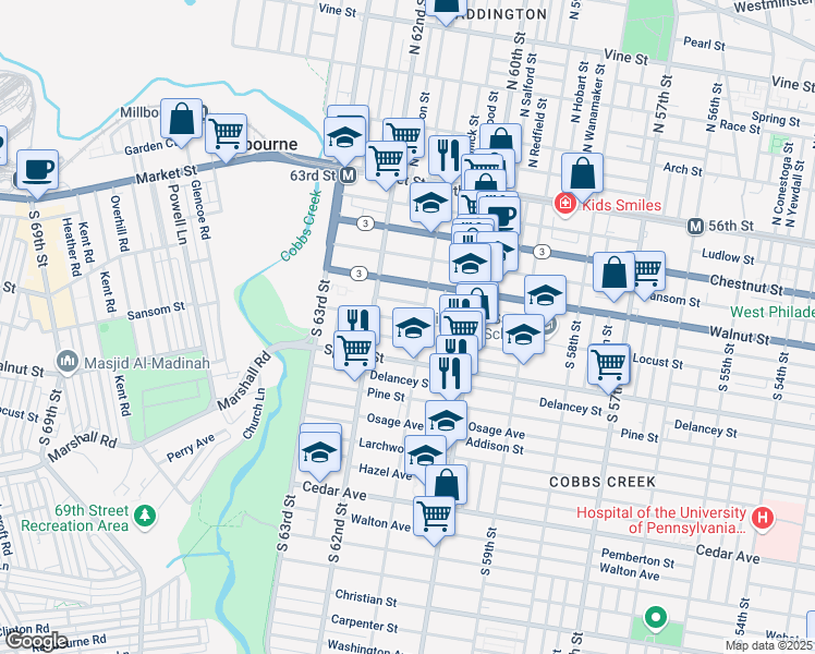 map of restaurants, bars, coffee shops, grocery stores, and more near 6132 Chancellor Street in Philadelphia