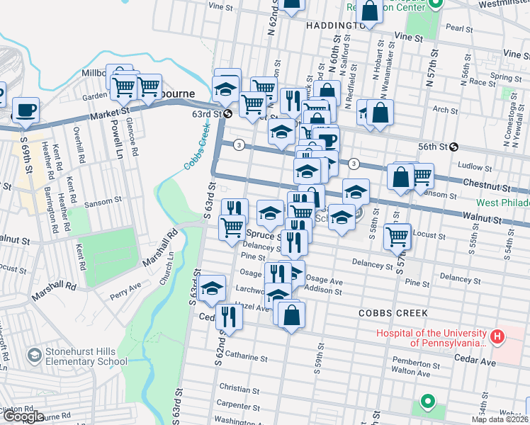 map of restaurants, bars, coffee shops, grocery stores, and more near 6132 Chancellor Street in Philadelphia