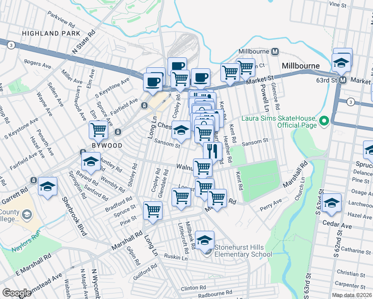 map of restaurants, bars, coffee shops, grocery stores, and more near in Delaware County