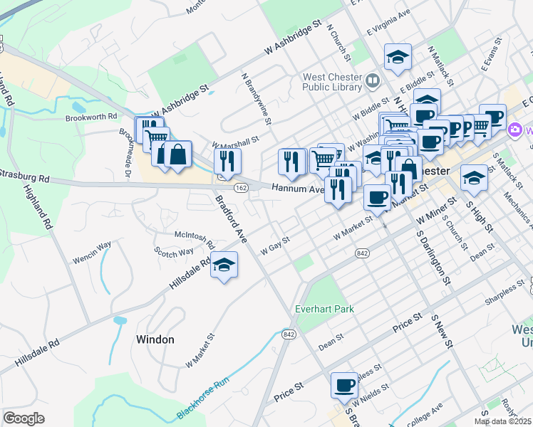 map of restaurants, bars, coffee shops, grocery stores, and more near 550 Hannum Avenue in West Chester