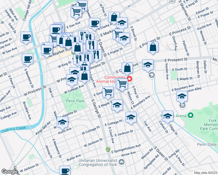 map of restaurants, bars, coffee shops, grocery stores, and more near 142 East Church Avenue in York