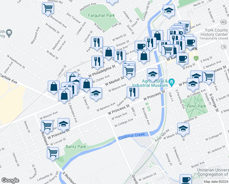 map of restaurants, bars, coffee shops, grocery stores, and more near 446 West Mason Avenue in York