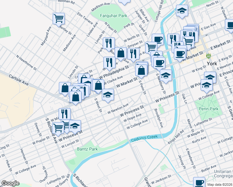 map of restaurants, bars, coffee shops, grocery stores, and more near 484 West Market Street in York