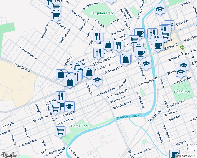 map of restaurants, bars, coffee shops, grocery stores, and more near 541 West Market Street in York