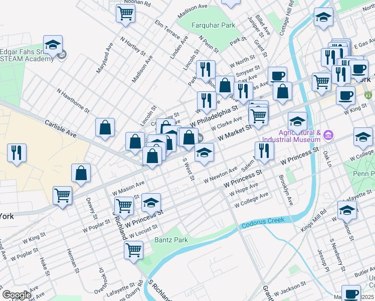 map of restaurants, bars, coffee shops, grocery stores, and more near 581 West Clarke Avenue in York