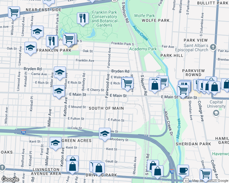 map of restaurants, bars, coffee shops, grocery stores, and more near 1795 East Rich Street in Columbus