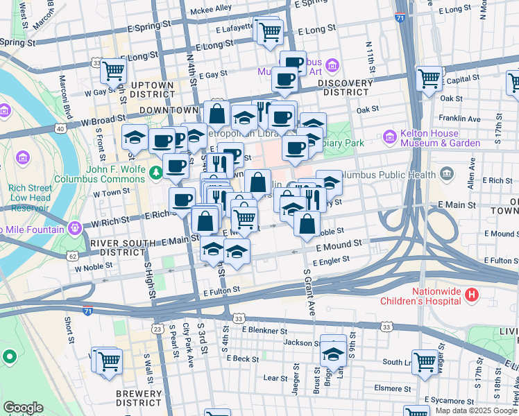 map of restaurants, bars, coffee shops, grocery stores, and more near 256 East Rich Street in Columbus
