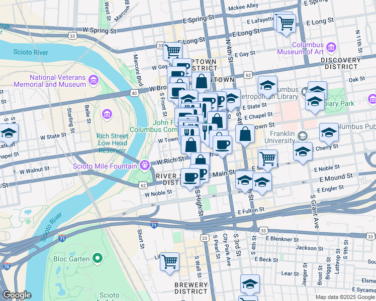 map of restaurants, bars, coffee shops, grocery stores, and more near 166 South High Street in Columbus