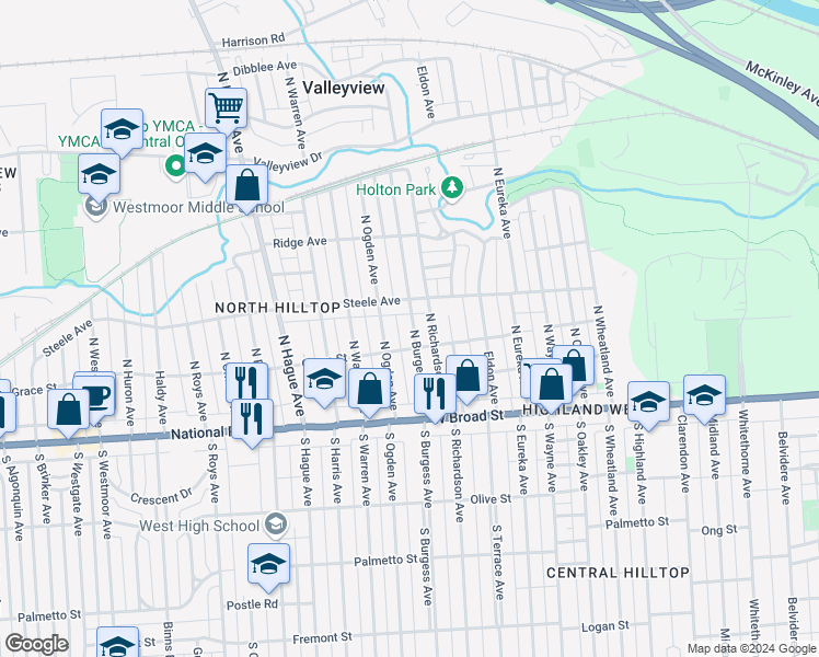 map of restaurants, bars, coffee shops, grocery stores, and more near 153 North Burgess Avenue in Columbus