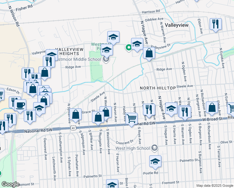 map of restaurants, bars, coffee shops, grocery stores, and more near 190 North Huron Avenue in Columbus