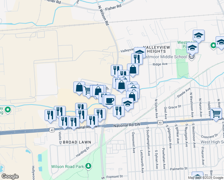 map of restaurants, bars, coffee shops, grocery stores, and more near 169 North Wilson Road in Columbus