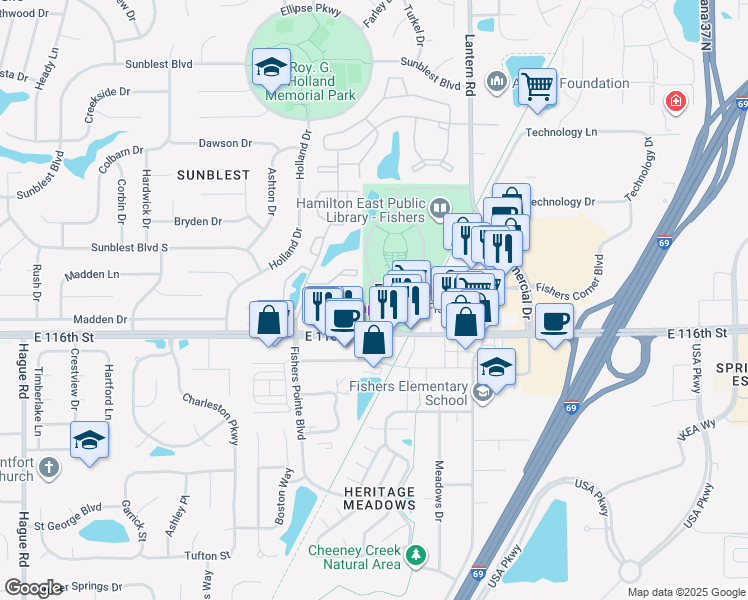 map of restaurants, bars, coffee shops, grocery stores, and more near in Fishers