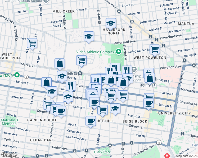 map of restaurants, bars, coffee shops, grocery stores, and more near 2 South 45th Street in Philadelphia