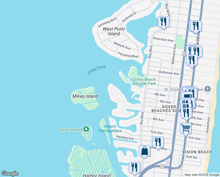 map of restaurants, bars, coffee shops, grocery stores, and more near 25 Harborside Drive West in Seaside Heights